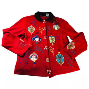 Onque Womens Embroidered Christmas Patches Cardigan Sweater Red Petite Small